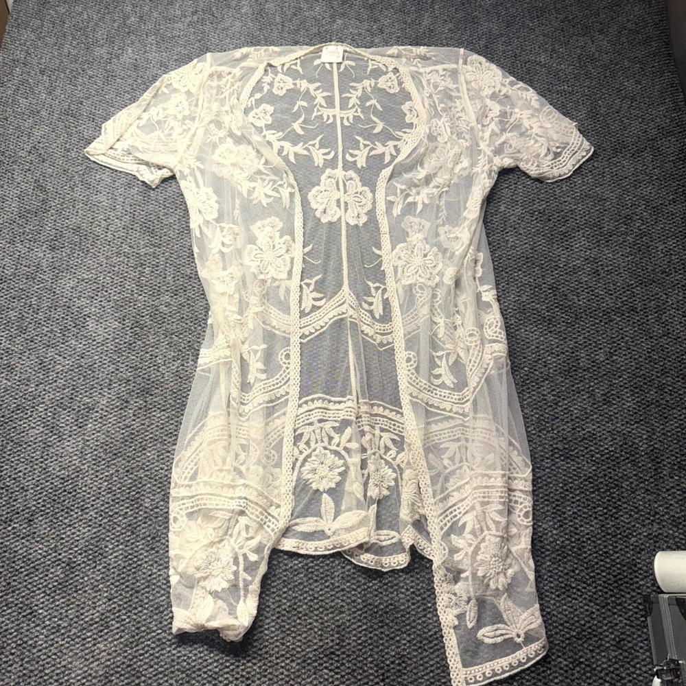 Maternity Sweet Lily Duster Cardigan Women's 1X White Floral Lace Open Front